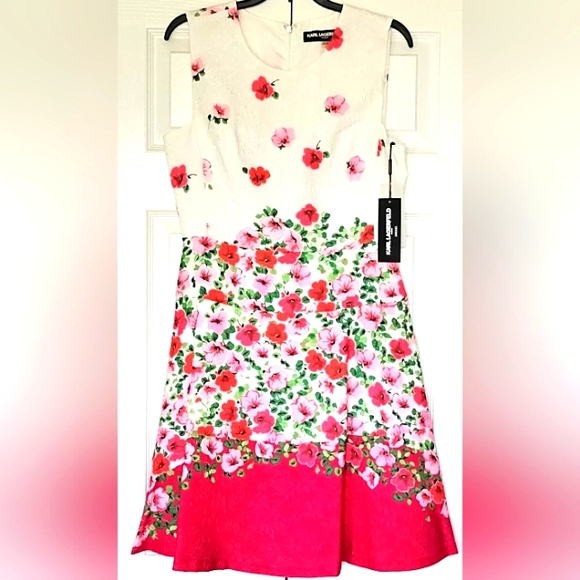 Karl Lagerfeld Dress Sz 6 Sleeveless Pink White Posey Floral Back Zip Lined - Picture 1 of 15